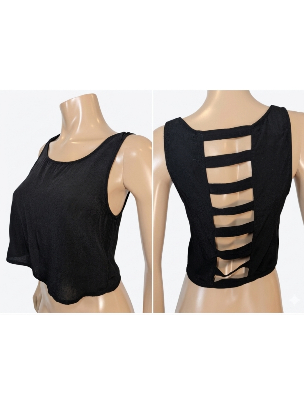 Garage Black Scoop Neck Tank Top Cropped Sleeveless Caged Ladder Cut Out Size XS